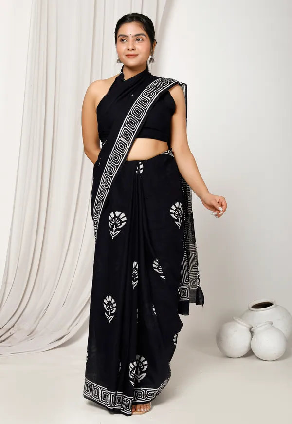 Black_Jaipuri_Block_Print_Bagru_Hand_Block_Printed_Mulmul_Cotton_Saree_For_Woman