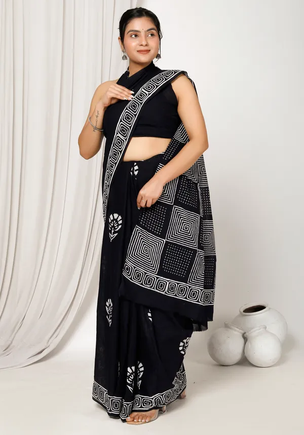 Black_Jaipuri_Block_Print_Bagru_Hand_Block_Printed_Mulmul_Cotton_Saree_For_Woman