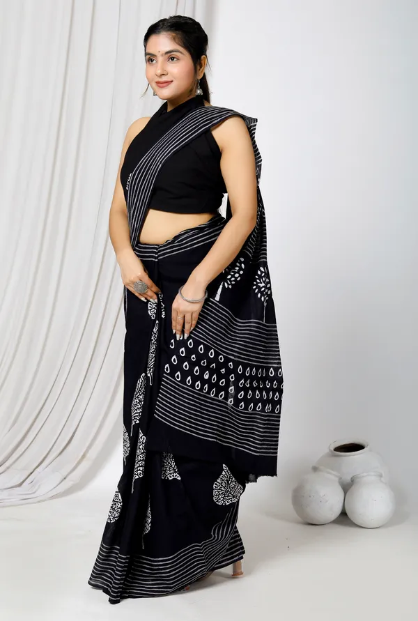 Black_Jaipuri_Block_Print_Bagru_Hand_Block_Printed_Mulmul_Cotton_Saree_For_Woman