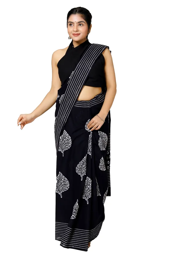 Black_Jaipuri_Block_Print_Bagru_Hand_Block_Printed_Mulmul_Cotton_Saree_For_Woman