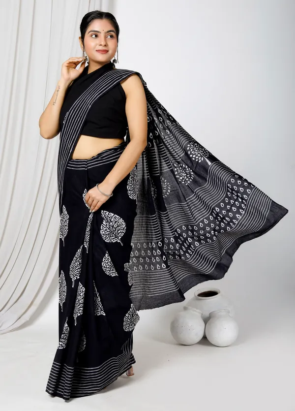 Black_Jaipuri_Block_Print_Bagru_Hand_Block_Printed_Mulmul_Cotton_Saree_For_Woman