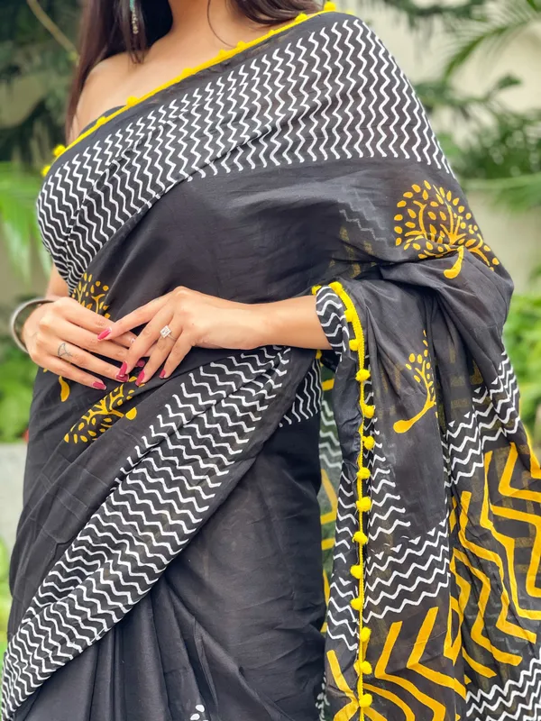 Grey_Jaipuri_Block_Print_Bagru_Hand_Block_Printed_Mulmul_Cotton_Saree_For_Woman