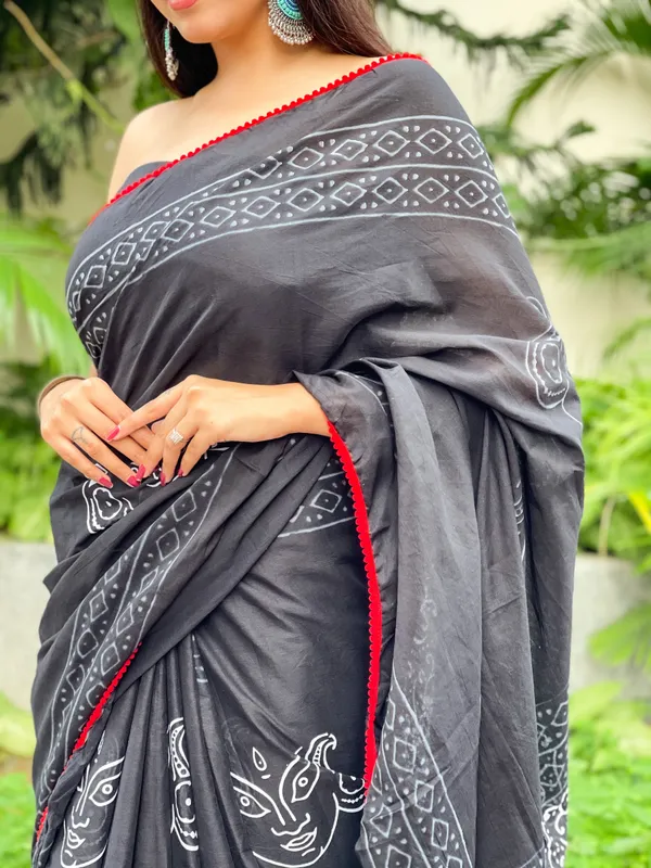 Grey_Jaipuri_Block_Print_Bagru_Hand_Block_Printed_Mulmul_Cotton_Saree_For_Woman