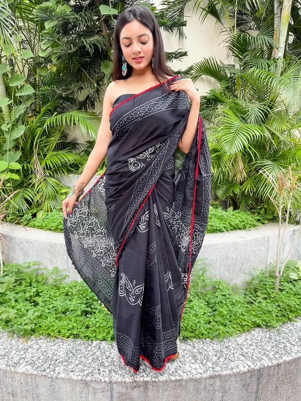 Grey_Jaipuri_Block_Print_Bagru_Hand_Block_Printed_Mulmul_Cotton_Saree_For_Woman
