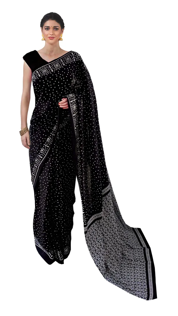 Black_Jaipuri_Block_Print_Bagru_Hand_Block_Printed_Mulmul_Cotton_Saree_For_Woman