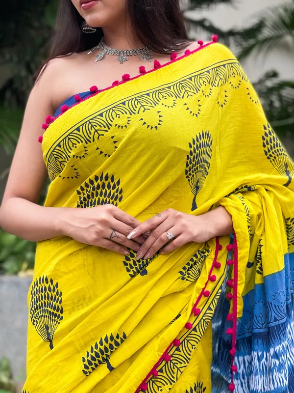 Yellow_Jaipuri_Block_Print_Bagru_Hand_Block_Printed_Mulmul_Cotton_Saree_For_Woman