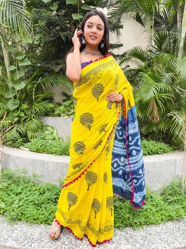 Yellow_Jaipuri_Block_Print_Bagru_Hand_Block_Printed_Mulmul_Cotton_Saree_For_Woman