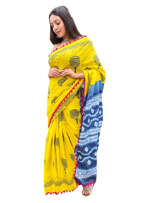 Yellow_Jaipuri_Block_Print_Bagru_Hand_Block_Printed_Mulmul_Cotton_Saree_For_Woman