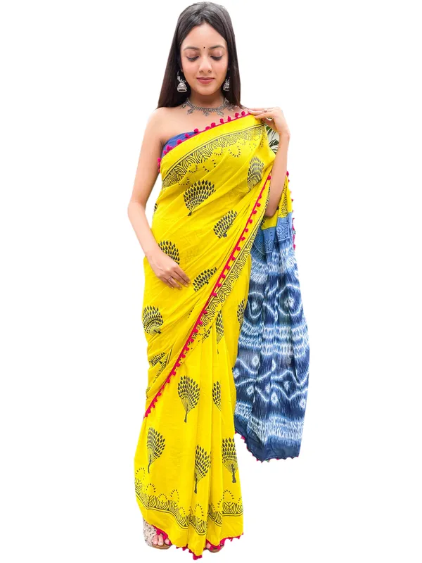 Yellow_Jaipuri_Block_Print_Bagru_Hand_Block_Printed_Mulmul_Cotton_Saree_For_Woman