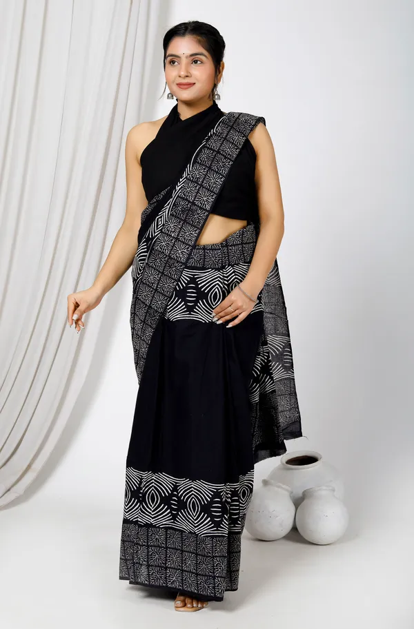 Black_Jaipuri_Block_Print_Bagru_Hand_Block_Printed_Mulmul_Cotton_Saree_For_Woman