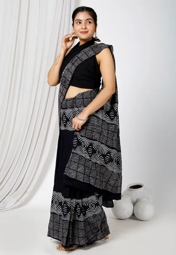 Black_Jaipuri_Block_Print_Bagru_Hand_Block_Printed_Mulmul_Cotton_Saree_For_Woman