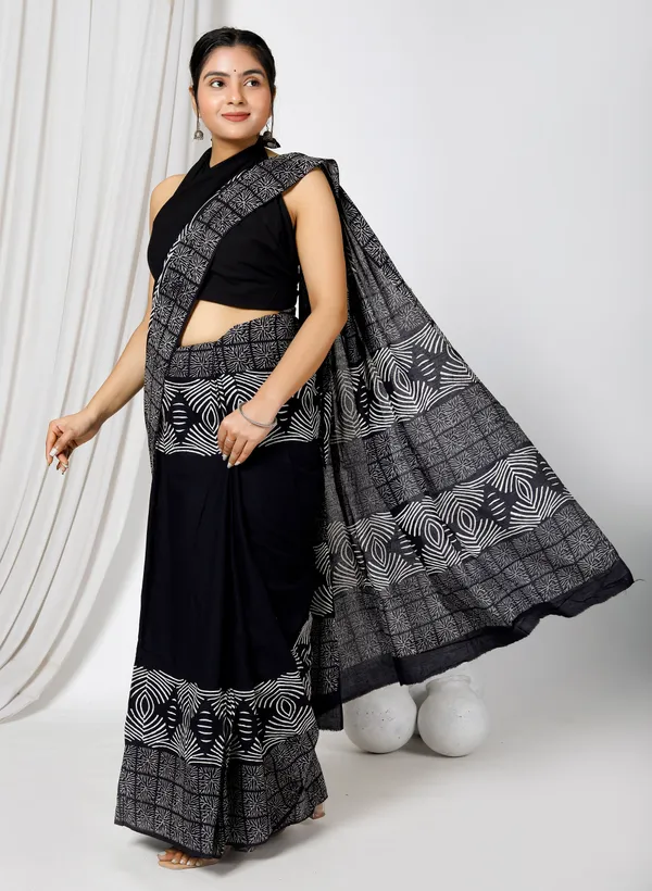 Black_Jaipuri_Block_Print_Bagru_Hand_Block_Printed_Mulmul_Cotton_Saree_For_Woman
