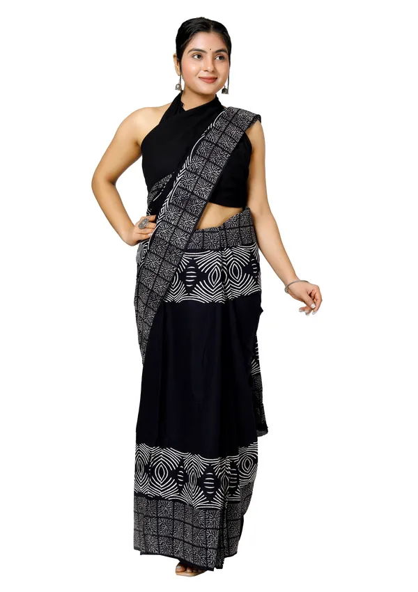 Black_Jaipuri_Block_Print_Bagru_Hand_Block_Printed_Mulmul_Cotton_Saree_For_Woman