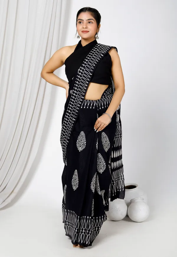 Black_Jaipuri_Block_Print_Bagru_Hand_Block_Printed_Mulmul_Cotton_Saree_For_Woman