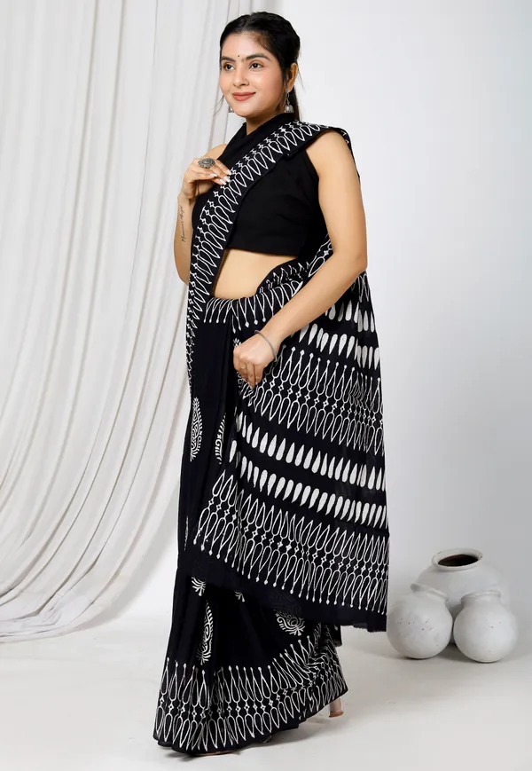 Black_Jaipuri_Block_Print_Bagru_Hand_Block_Printed_Mulmul_Cotton_Saree_For_Woman