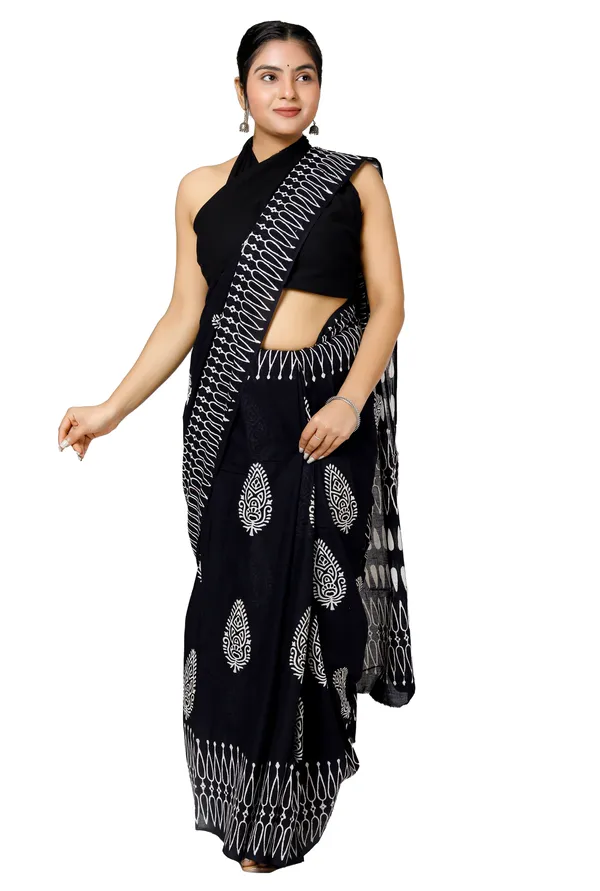 Black_Jaipuri_Block_Print_Bagru_Hand_Block_Printed_Mulmul_Cotton_Saree_For_Woman