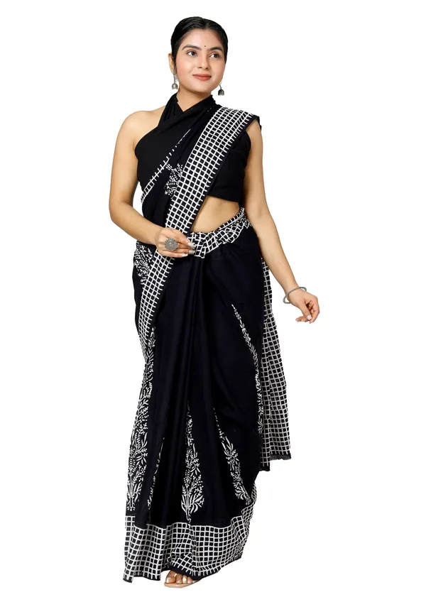 Black_Jaipuri_Block_Print_Bagru_Hand_Block_Printed_Mulmul_Cotton_Saree_For_Woman