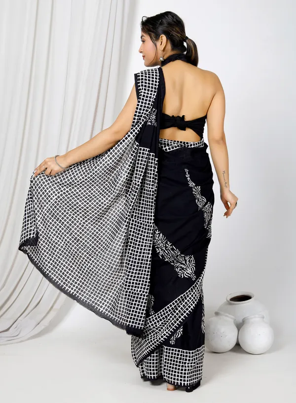 Black_Jaipuri_Block_Print_Bagru_Hand_Block_Printed_Mulmul_Cotton_Saree_For_Woman