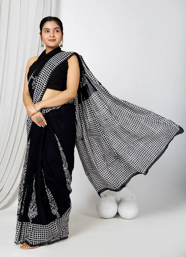 Black_Jaipuri_Block_Print_Bagru_Hand_Block_Printed_Mulmul_Cotton_Saree_For_Woman