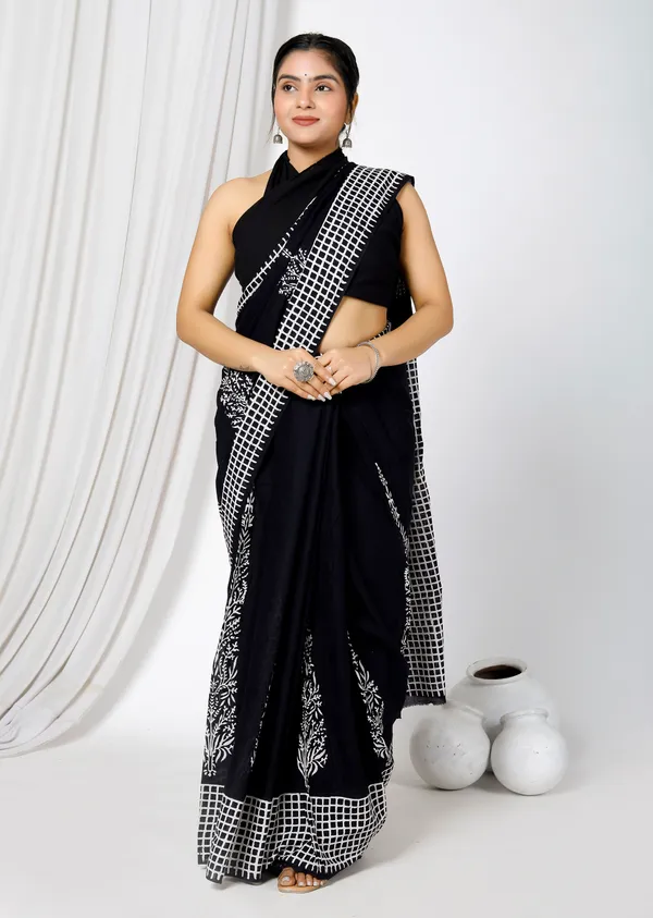 Black_Jaipuri_Block_Print_Bagru_Hand_Block_Printed_Mulmul_Cotton_Saree_For_Woman