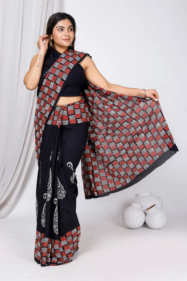 Black_Jaipuri_Block_Print_Bagru_Hand_Block_Printed_Mulmul_Cotton_Saree_For_Woman