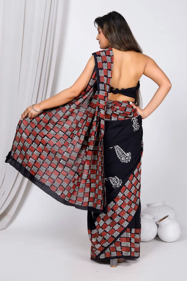 Black_Jaipuri_Block_Print_Bagru_Hand_Block_Printed_Mulmul_Cotton_Saree_For_Woman