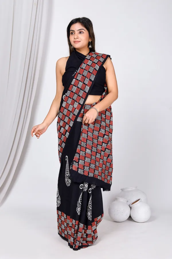 Black_Jaipuri_Block_Print_Bagru_Hand_Block_Printed_Mulmul_Cotton_Saree_For_Woman