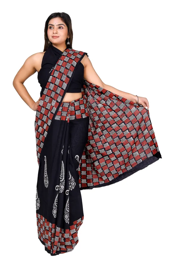 Black_Jaipuri_Block_Print_Bagru_Hand_Block_Printed_Mulmul_Cotton_Saree_For_Woman