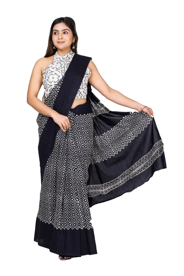 Black_Jaipuri_Block_Print_Bagru_Hand_Block_Printed_Mulmul_Cotton_Saree_For_Woman
