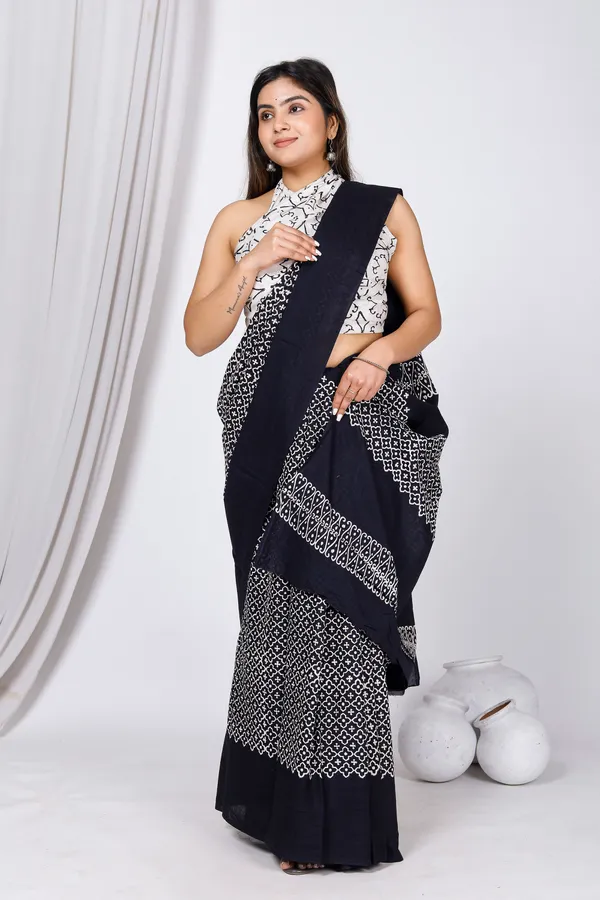 Black_Jaipuri_Block_Print_Bagru_Hand_Block_Printed_Mulmul_Cotton_Saree_For_Woman