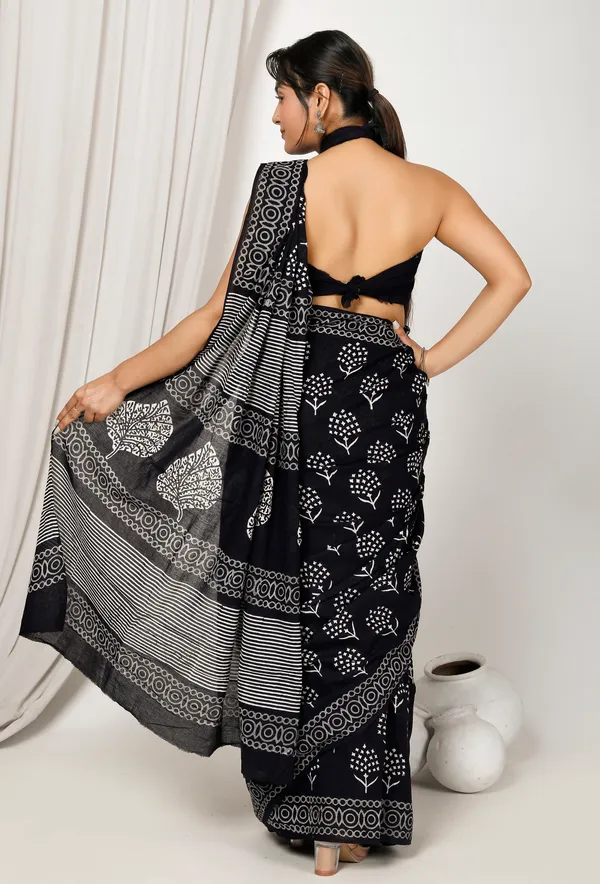 Black_Jaipuri_Block_Print_Bagru_Hand_Block_Printed_Mulmul_Cotton_Saree_For_Woman