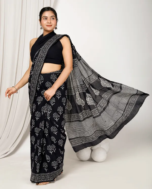 Black_Jaipuri_Block_Print_Bagru_Hand_Block_Printed_Mulmul_Cotton_Saree_For_Woman