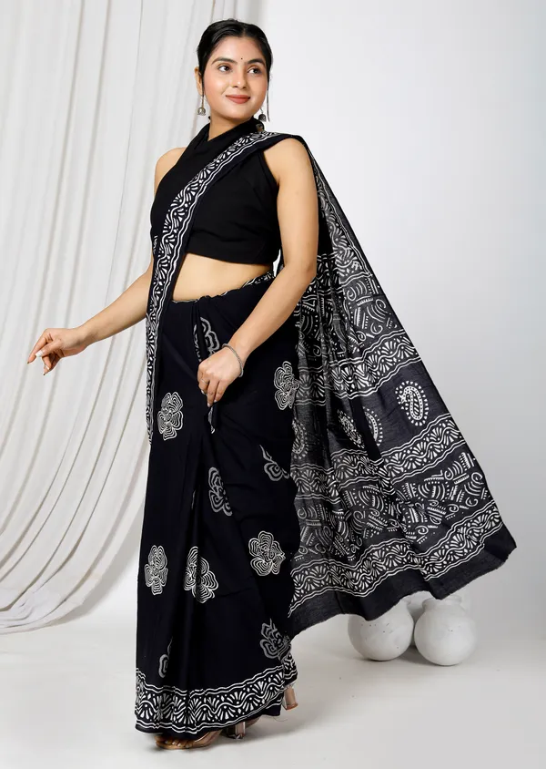Black_Jaipuri_Block_Print_Bagru_Hand_Block_Printed_Mulmul_Cotton_Saree_For_Woman