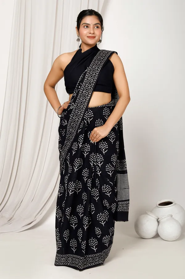 Black_Jaipuri_Block_Print_Bagru_Hand_Block_Printed_Mulmul_Cotton_Saree_For_Woman