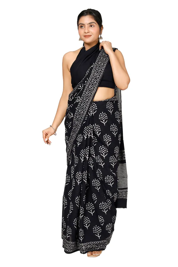 Black_Jaipuri_Block_Print_Bagru_Hand_Block_Printed_Mulmul_Cotton_Saree_For_Woman
