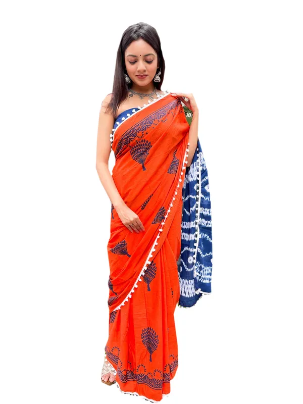 Red_Jaipuri_Block_Print_Bagru_Hand_Block_Printed_Mulmul_Cotton_Saree_For_Woman