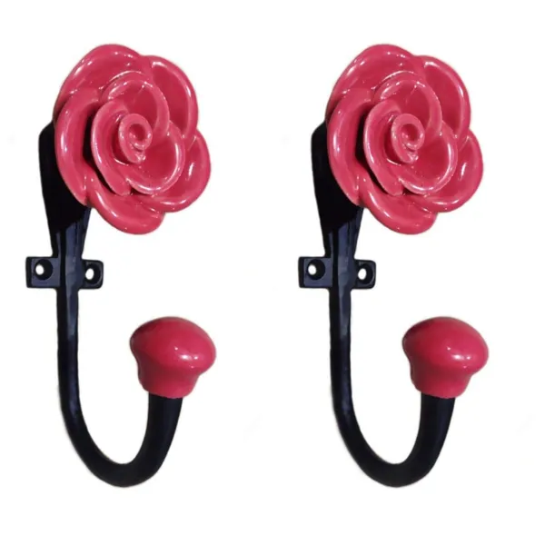 Red_Powder_Coated_Ceramic_Metal_Rose_Wall_Hooks_Keys_Holder_Hanging_Clothes_Hat_Coat_Robe_Hangers_Metal_Wall_Mounted_Single_Hook_Hanger_-_Black_Finish_(Size_5_Inch)_Pack_Of_2