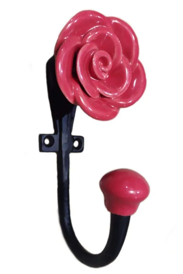 Red_Powder_Coated_Ceramic_Metal_Rose_Wall_Hooks_Keys_Holder_Hanging_Clothes_Hat_Coat_Robe_Hangers_Metal_Wall_Mounted_Single_Hook_Hanger_-_Black_Finish_(Size_5_Inch)_Pack_Of_2