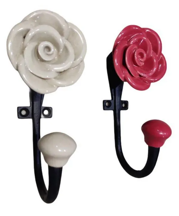 Red_Powder_Coated_Ceramic_Metal_Rose_Wall_Hooks_Keys_Holder_Hanging_Clothes_Hat_Coat_Robe_Hangers_Metal_Wall_Mounted_Single_Hook_Hanger_-_Black_Finish_(Size_5_Inch)_Pack_Of_2