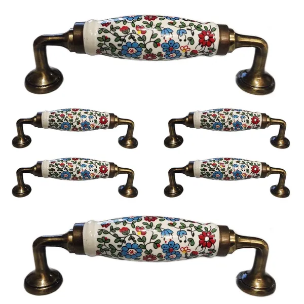 Pack_of_6__Ceramic_Door_Handle_Gold_Antique_Finish_-_Scratch_Proof_100%_(Size_6_Inch,_Multi_Flower_Hand_Painted)