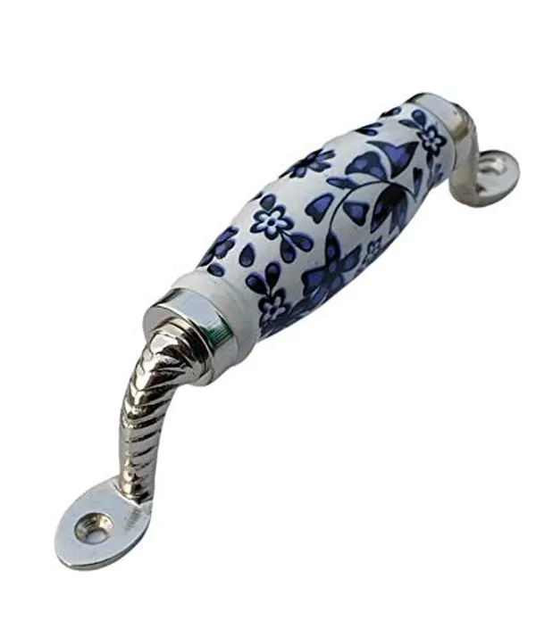 Silver_Ceramic_Door_Handle_Silver_Finish_-_Scratch_Proof_100%_(Size_6_Inch,_Blue_Flower_Hand_Painted)