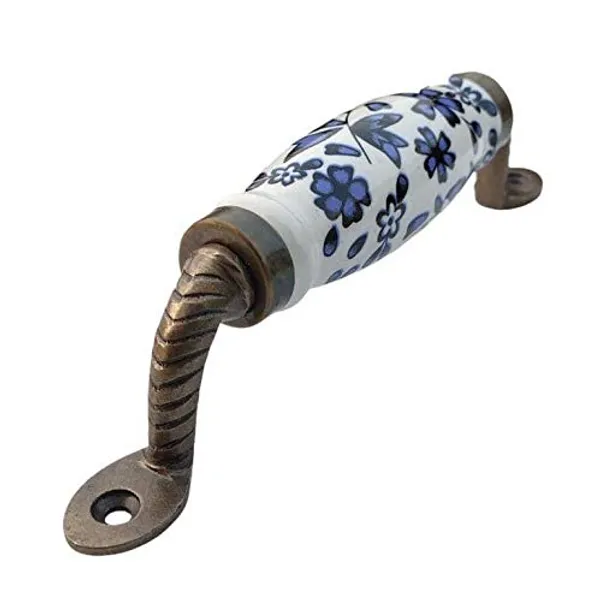 Ceramic_Door_Handle_Gold_Antique_Finish_-_(Size_6_Inch,_Blue_Flower_Hand_Painted)_Pack_Of_1