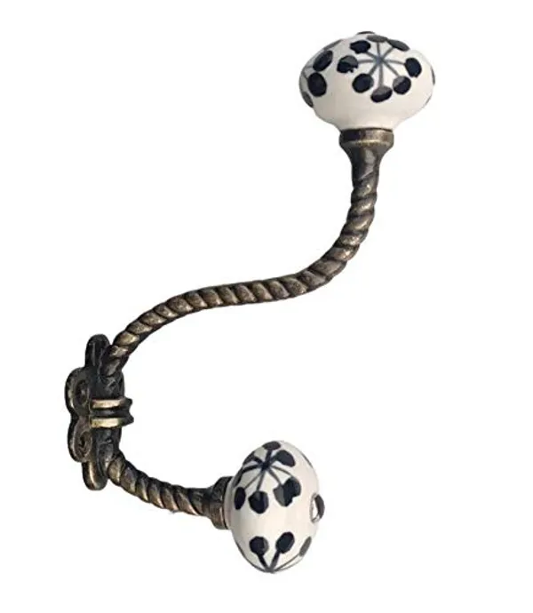 _Ceramic_Metal_Wall_Hooks_Hanging_Clothes_Hat_Coat_Robe_Hangers_Metal_Hook_Door_Hook_Wall_Mounted_Single_Hook_Hanger_-_Gold_Antique_Finish_(Size_6_Inch,_White_Hand_Painted)_Pack_Of_2