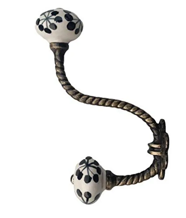 _Ceramic_Metal_Wall_Hooks_Hanging_Clothes_Hat_Coat_Robe_Hangers_Metal_Hook_Door_Hook_Wall_Mounted_Single_Hook_Hanger_-_Gold_Antique_Finish_(Size_6_Inch,_White_Hand_Painted)_Pack_Of_2