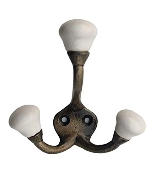 _Ceramic_Metal_Wall_Hooks_Dual_Legs_Hanging_Clothes_Hat_Coat_Robe_Hangers_Metal_Hook_Door_Hook_Wall_Mounted_Dual_Hook_Hanger_-_Gold_Antique_Finish_(Size_3.5_Inch,_White)_Pack_Of_2