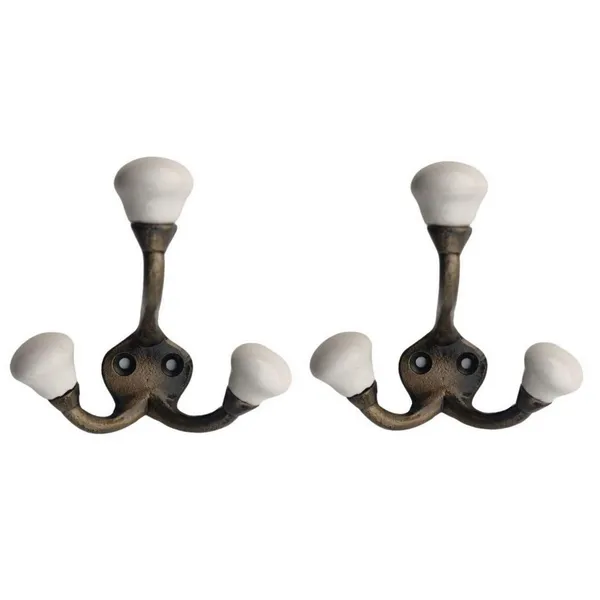 _Ceramic_Metal_Wall_Hooks_Dual_Legs_Hanging_Clothes_Hat_Coat_Robe_Hangers_Metal_Hook_Door_Hook_Wall_Mounted_Dual_Hook_Hanger_-_Gold_Antique_Finish_(Size_3.5_Inch,_White)_Pack_Of_2