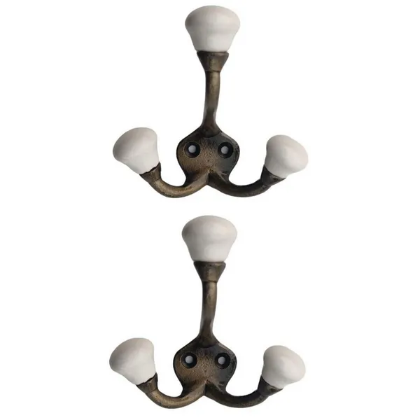 _Ceramic_Metal_Wall_Hooks_Dual_Legs_Hanging_Clothes_Hat_Coat_Robe_Hangers_Metal_Hook_Door_Hook_Wall_Mounted_Dual_Hook_Hanger_-_Gold_Antique_Finish_(Size_3.5_Inch,_White)_Pack_Of_2