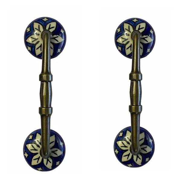 Blue__Ceramic_Door_Handle_Gold_Antique_Finish_-_(Size_6_Inch,_Flower_Hand_Painted)_-_Hole_To_Hole_4_Inch,_Pack_Of_1