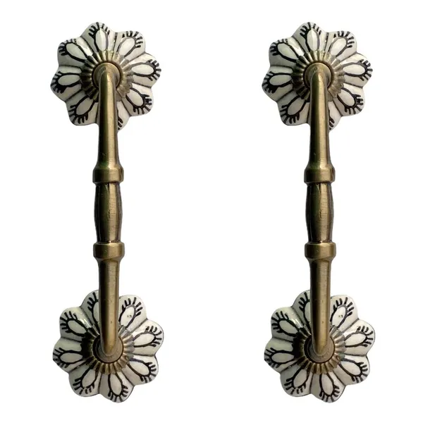 Gold,_White_Ceramic_Door_Handle_Gold_Antique_Finish_-_HOLE_TO_HOLE_4_INCH_(Size_6_Inch,_Flower_Hand_Painted)_-_Pack_Of_1