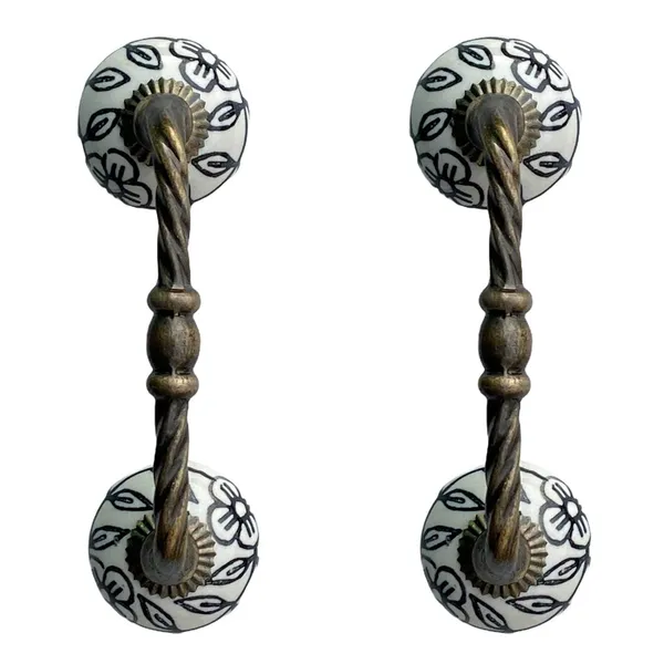 White_&_Black_Ceramic_Door_Handle_Gold_Antique_Finish_-_(Size_6_Inch,_Flower_Hand_Painted)_-_Pack_Of_1